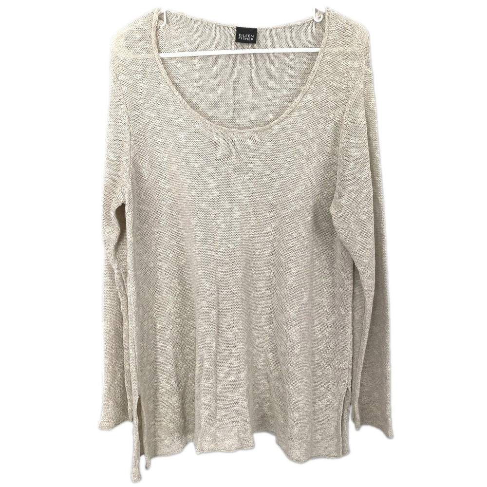 Eileen Fisher Sweater Women L Beige Linen Blend Scoop Neck Lightweight Knit EUC